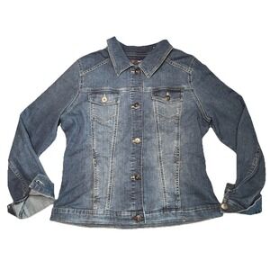 Wrangler Authentics‎ Denim Jacket Womens XL Blue Stretch Trucker 10ZFWJ1A8